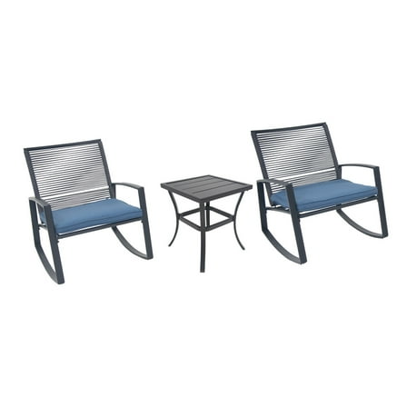 3 Piece Patio Rocking Chairs Set, Outdoor Rocking Chairs Bistro Set of 2 with Coffee Table, Patio Metal Conversation Sets with High Backrests, Blue