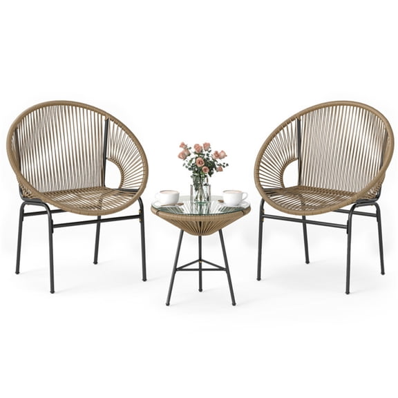 3-Piece Patio Set, 2 Acapulco Chairs + Tempered Glass Table, PE Rope Powder-Coated Steel Frame