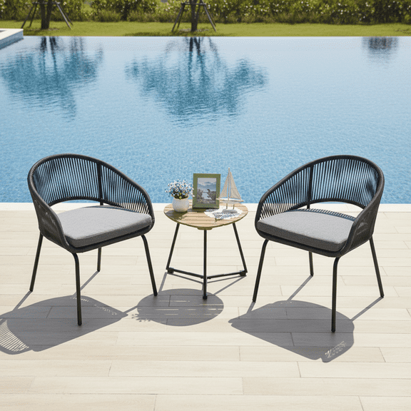 3 Piece Patio Set, Outdoor Furniture Wicker Bistro Set Rattan Chair Conversation Sets with Coffee Table and Cushions