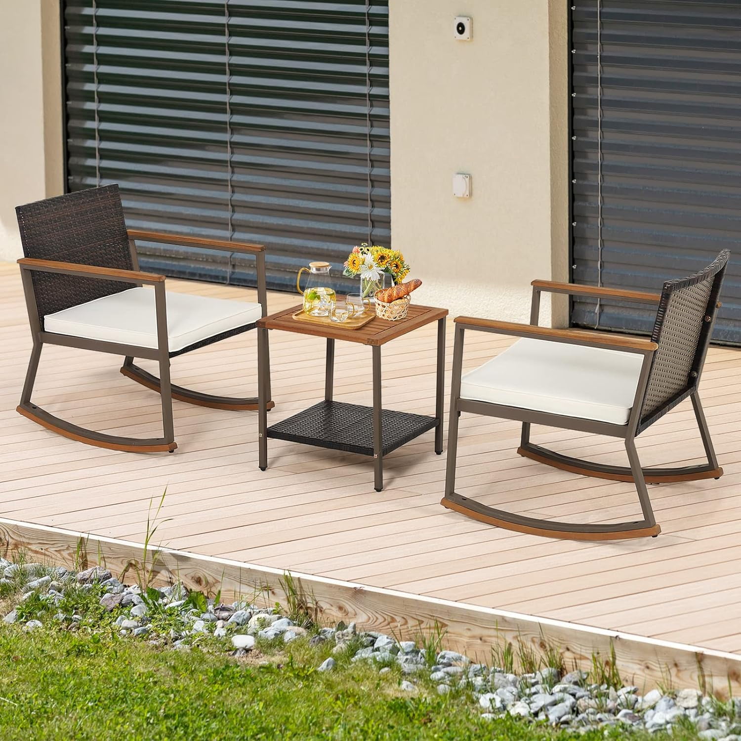 3 Piece Patio Set, Outdoor Wicker Bistro Set 2 Rattan Chair Conversation Sets with Coffee Table and Cushions, Brown