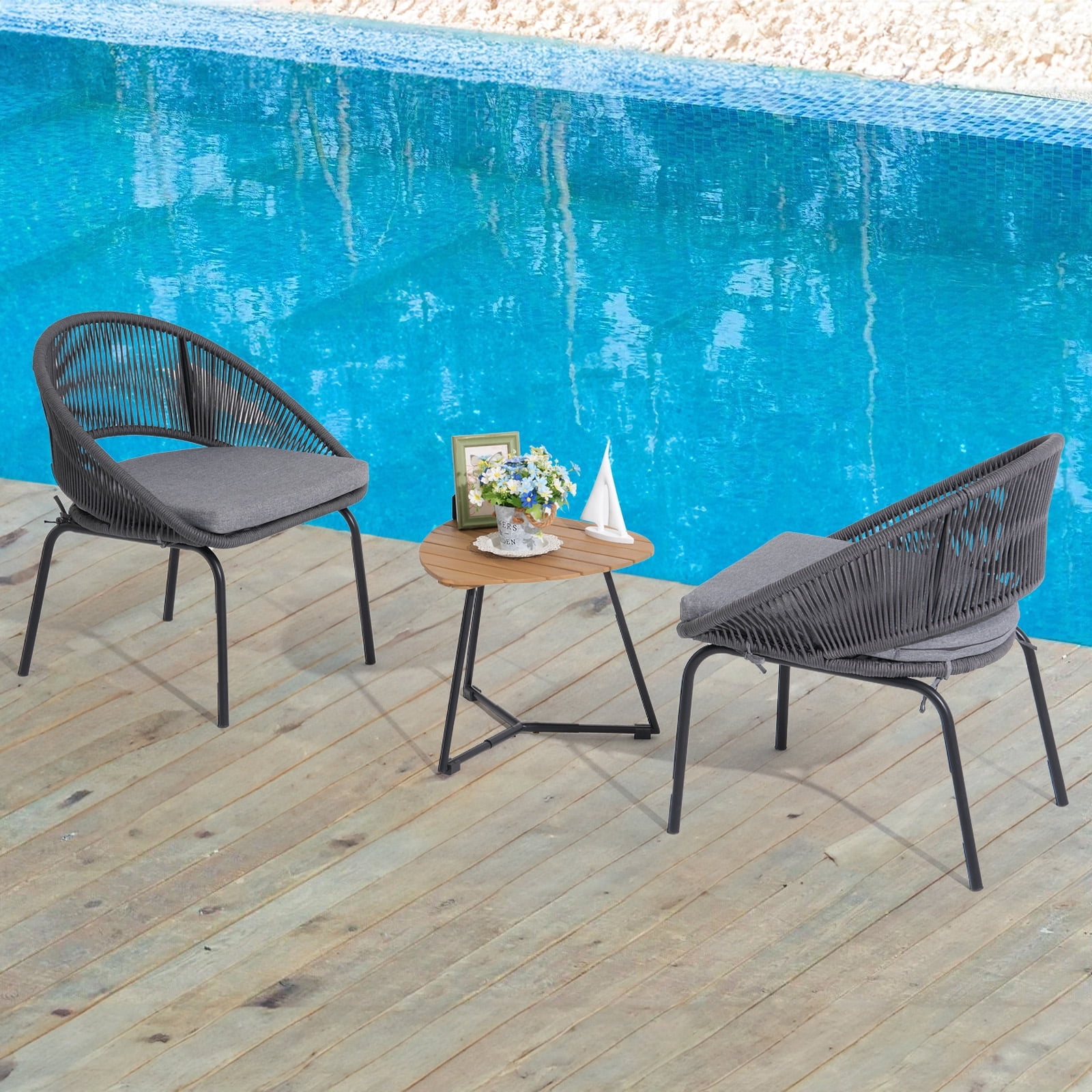 3 Piece Patio Set, Outdoor Wicker Bistro Set 2 Rattan Chair Conversation Sets with Coffee Table and Cushions, Brown