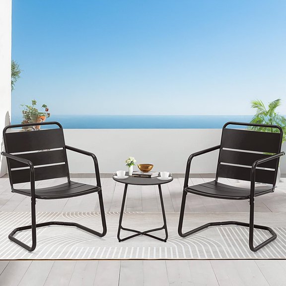 3 Piece Patio Set, Small Patio Furniture Set - 2 C-Spring Metal Chairs with Round Side Table, Outdoor Bistro Set for Balcony, Front Porch, Poolside, Garden, Deck, Black