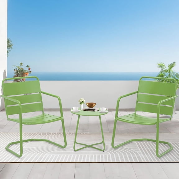 3 Piece Patio Set, Small Patio Furniture Set - 2 C-Spring Metal Chairs with Round Side Table, Outdoor Bistro Set for Balcony, Front Porch, Poolside, Garden, Deck, Green