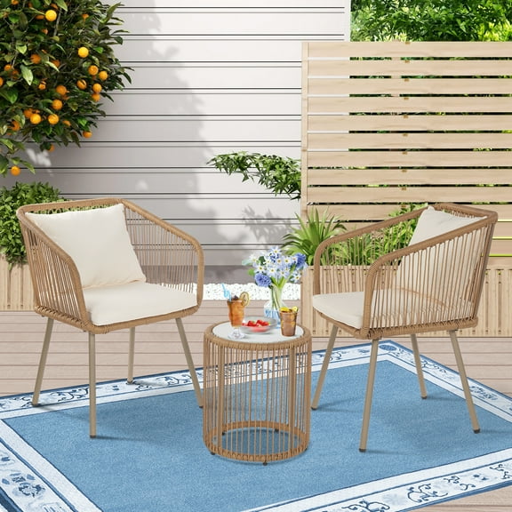 3-Piece Patio Set Wicker Patio Bistro Furniture Set Outdoor All-Weather Wicker Furniture for Porch Backyard Rattan Conversation Set W/Glass Coffee Table Top and 2 Chairs/Cushions