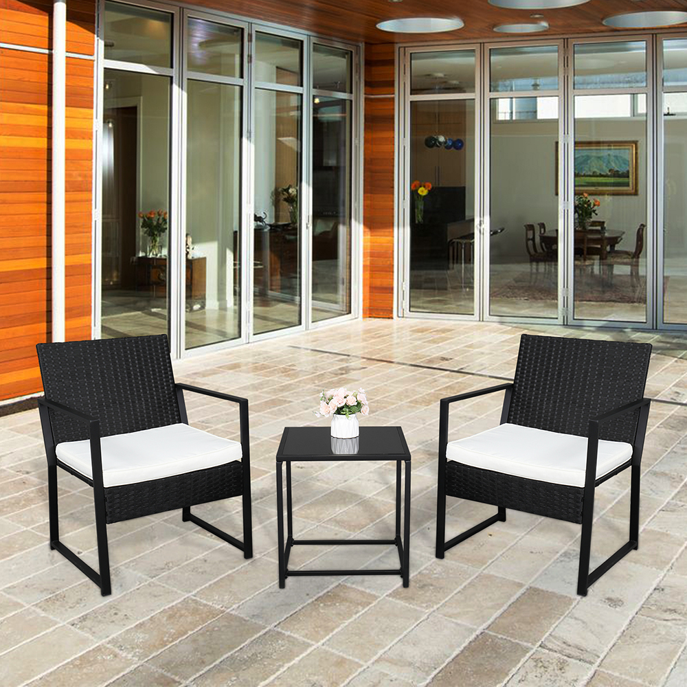 3 Piece Patio Sets, Outdoor Bistro Table Set, Patio Cushioned Chairs with Glass Top Table, All-Weather Wicker Conversation Set, Patio Furniture Set Include 2 Chairs with Cushions and 1 Tea Table, B170 - image 1 of 11