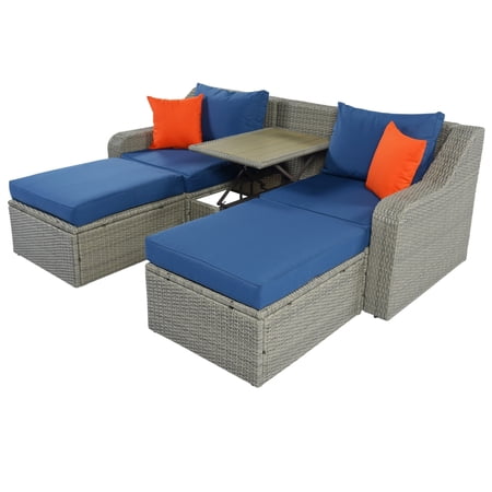 3 Piece Patio Sofa Set with Lift Top Table, Gray Rattan, Blue Cushions - Saltoro Sherpi