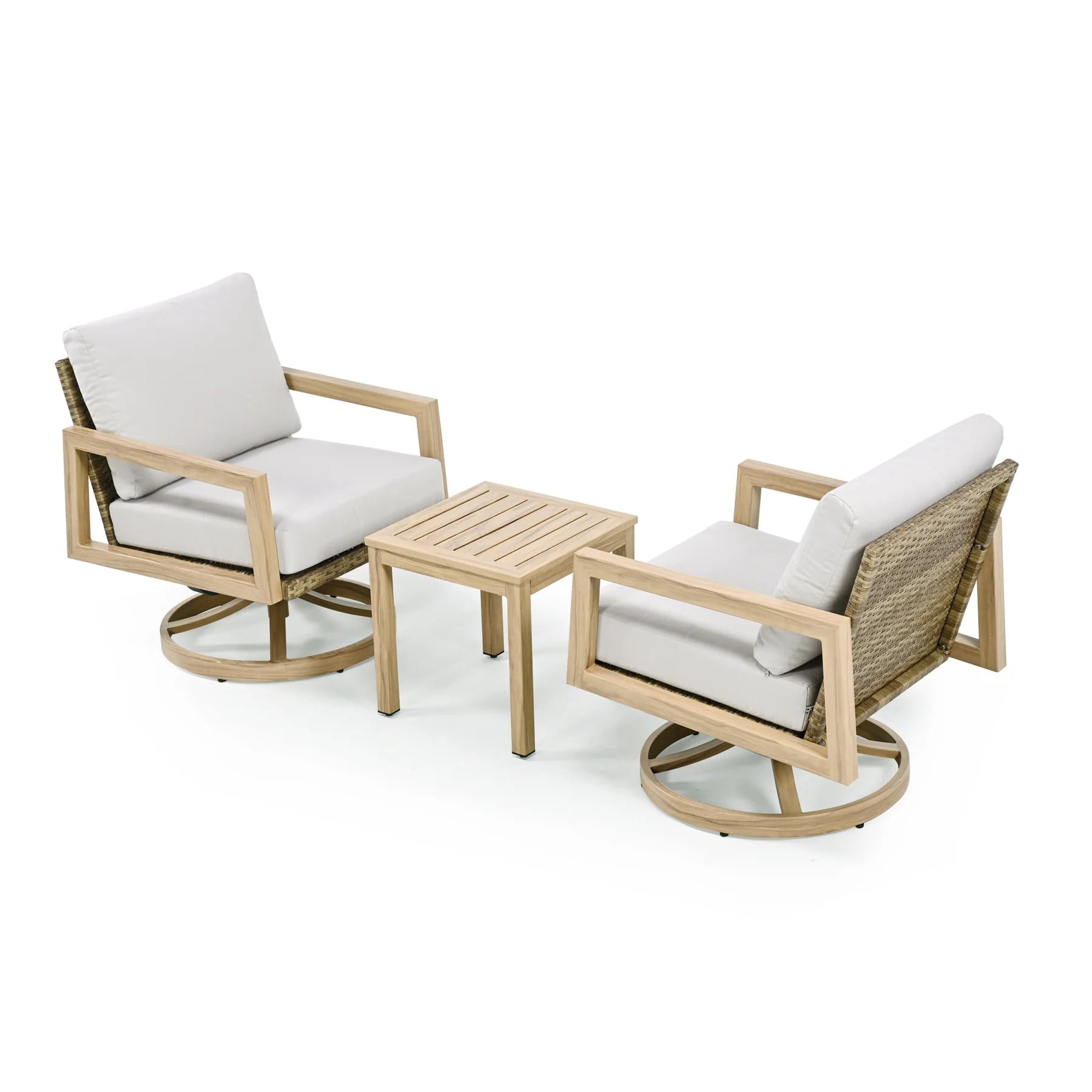 3-Piece Patio Swivel Chair Set, Outdoor Bistro Set with 360° Swivel Chairs, Wicker Back & Woodgrain Table, Cushioned Conversation Set for Balcony Porch