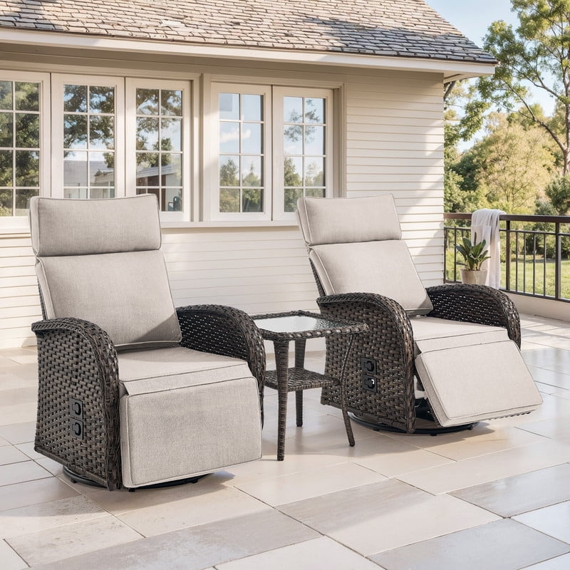 3-Piece Patio Swivel Recliner Chairs with Side Table, Outdoor Wicker Reclining Lounge Chairs with Adjustable Back and Footrest, Rattan Outdoor Furniture Set with Beige Cushions