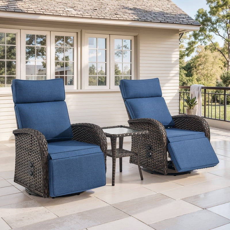 3-Piece Patio Swivel Recliner Chairs with Side Table, Outdoor Wicker Reclining Lounge Chairs with Adjustable Back and Footrest, Rattan Outdoor Furniture Set with Blue Cushions