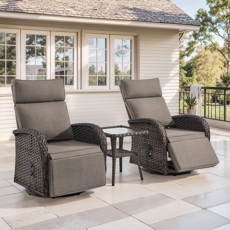 3-Piece Patio Swivel Recliner Chairs with Side Table, Outdoor Wicker Reclining Lounge Chairs with Adjustable Back and Footrest, Rattan Outdoor Furniture Set with Gray Cushions