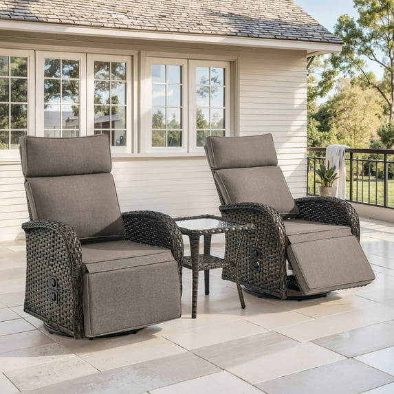 3-Piece Patio Swivel Recliner Chairs with Side Table, Outdoor Wicker Reclining Lounge Chairs with Adjustable Back and Footrest, Rattan Outdoor Furniture Set with Gray Cushions