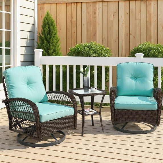 3 Piece Patio Swivel Rocker Chairs Set, 2 360-Degree Swivel Rocking Chairs with 1 Glass Top Table, PE Rattan Outdoor Bistro Set with Cushions for Balcony Deck Poolside Backyard Porch