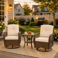 thumbnail image 1 of 3 Piece Patio Swivel Rocker Chairs Set, 2 360-Degree Swivel Rocking Chairs with 1 Glass Top Table, PE Rattan Outdoor Bistro Set with Cushions for Balcony Deck Poolside Backyard Porch, 1 of 8