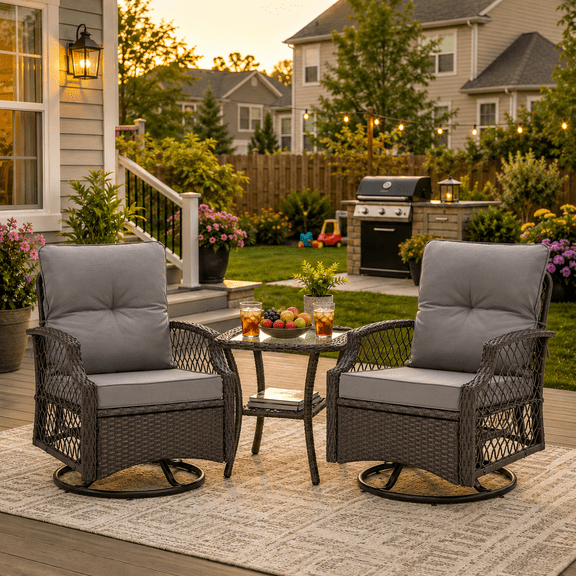 3 Piece Patio Swivel Rocker Chairs Set, 2 360-Degree Swivel Rocking Chairs with 1 Glass Top Table, PE Rattan Outdoor Bistro Set with Cushions for Balcony Deck Poolside Backyard Porch