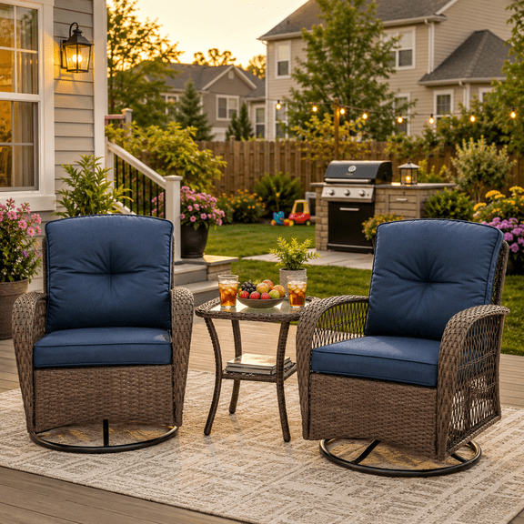 3 Piece Patio Swivel Rocker Set, PE Rattan Bistro Set w/ 2 360° Swivel Rocking Chairs and Side Table, Outdoor Conversation Set with Cushions for Patio, Pool, Balcony, Pub, Cafe - Navy Blue