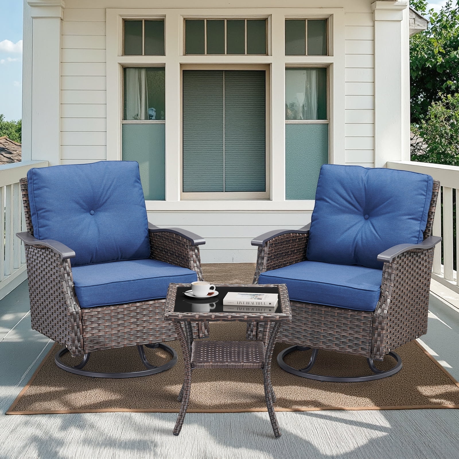 Brown Wicker 3-Piece Patio Set with Blue Cushions and Side Table
