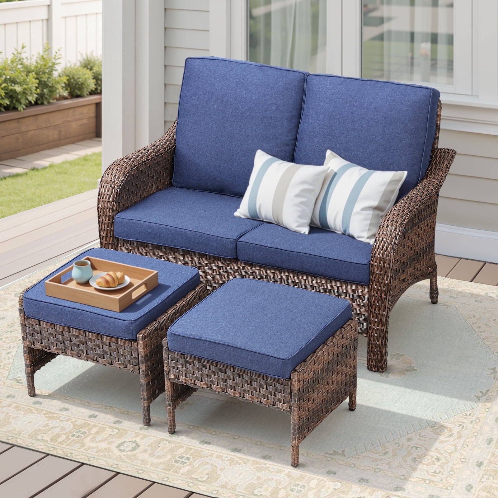 3 Piece Patio Wicker Furniture Sets, Outdoor Loveseat and Ottomans Set with Blue Cushions