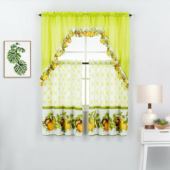 3 Piece Peaches Printed Kitchen Window Curtain Panel Tiers and Swag Valance Set
