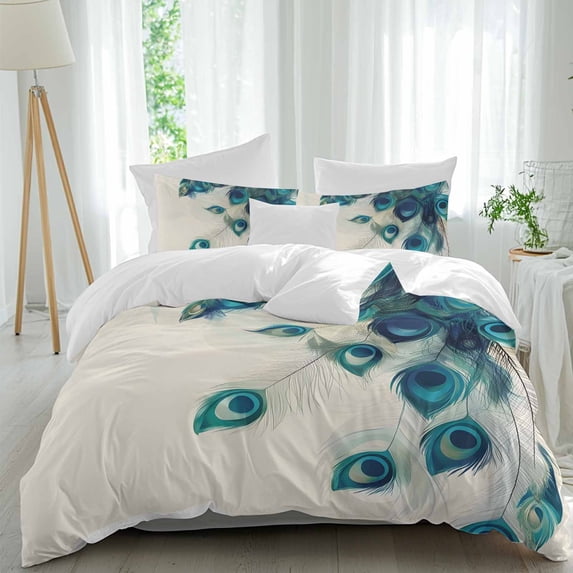 3 Piece Peacock Feather Duvet Cover Set Twin Size,Microfiber Comforter/Quilt Cover with Corner Ties and 2 Pillowcases,Teal Ethnic Rustic Farmhouse Elegant All Season Soft Bedding with Zipper Closure