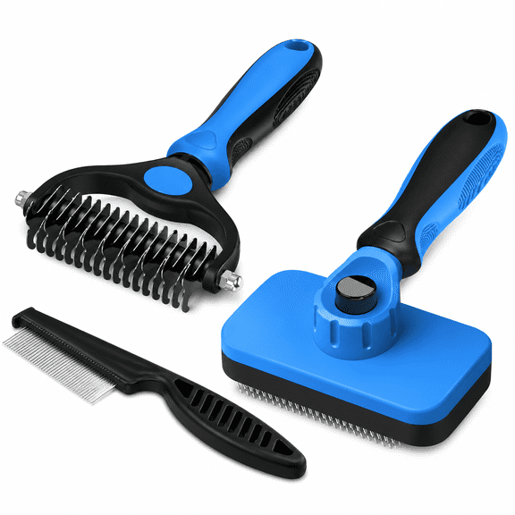 3 Piece Pet Grooming Kit, Self-Cleaning Slicker Brush, Grooming Rake and Flea Comb for Dogs, Cats and Horses, Blue