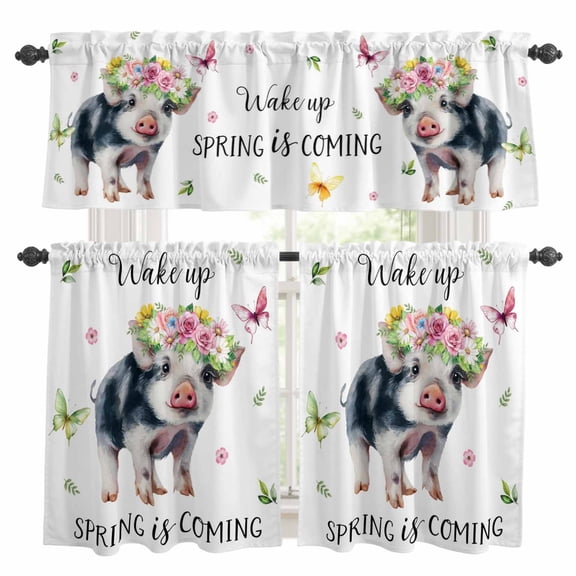 3 Piece Pig Kitchen Curtain Valance and Tiers Set Watercolor Spring Pink Yellow White Floral Wreath Butterfly Rod Pocket Tier Curtain 24 Inch Small Window Drapes for Living Room Bedroom Cafe Decor