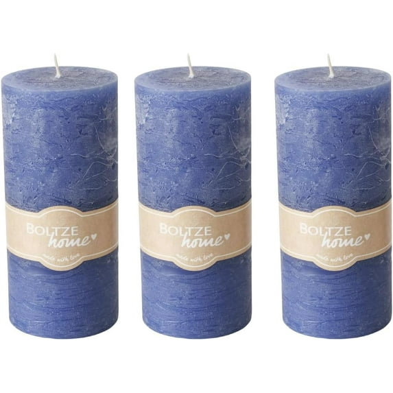 3 Piece Pillar Candle Set, Faded Denim Blue, 68 Hours Burn Time, 6.75 Inches Tall