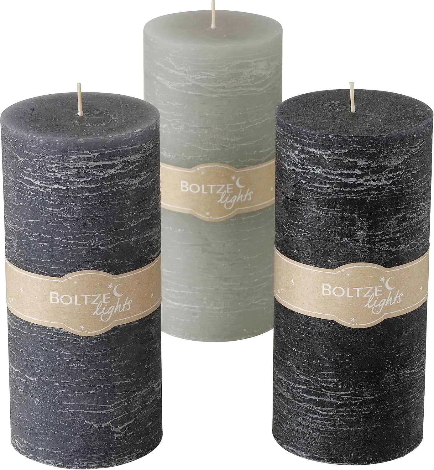 3 Piece Pillar Candle Set, Paraffin Wax, 145 Hours Burn Time, Cotton Wick, Shades of Marbled Pale, Medium and Dark Grey, Cotton Wicks, 7.75 Inches