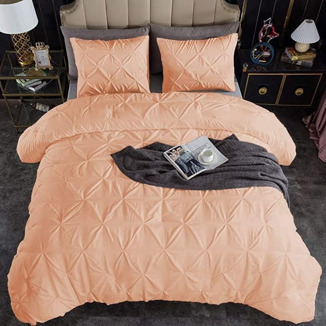 3 Piece Pinch Pleated Duvet Cover Set 100% Cotton 1000 TC with Zipper Closure & Corner Ties Pintuck Bedding Duvet Cover - Full/Queen Size (90" x 90") Inch, Blush Solid