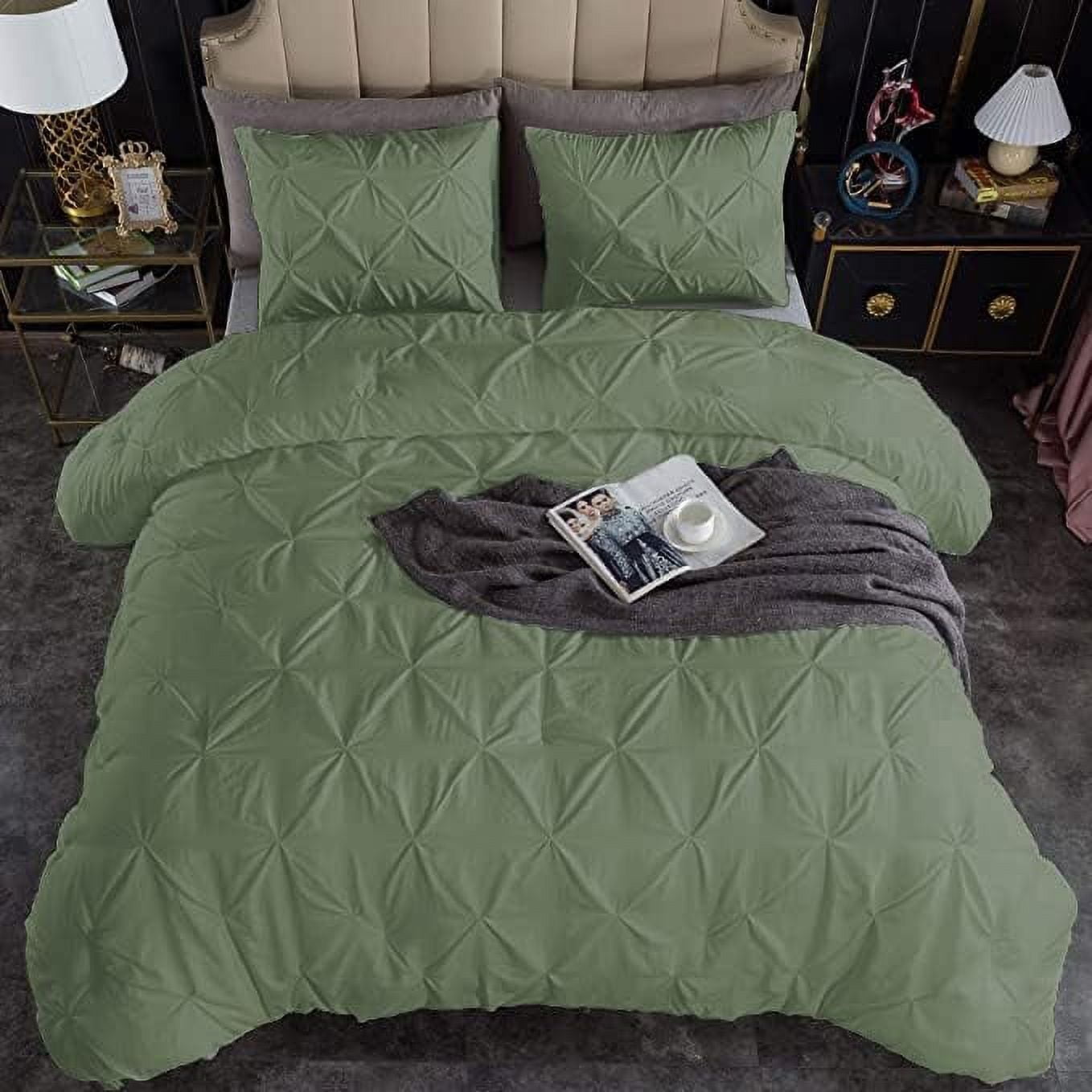 3 Piece Pinch Pleated Duvet Cover Set 100% Cotton 1000 TC with Zipper Closure & Corner Ties Pintuck Bedding Duvet Cover - King/California King Size (94" x 104") Inch, Sage Solid