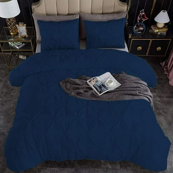 3 Piece Pinch Pleated Duvet Cover Set 100% Cotton 1000 TC with Zipper Closure & Corner Ties Pintuck Bedding Duvet Cover - Super King Plus Size (120" x 120") Inch, Navy Blue Solid