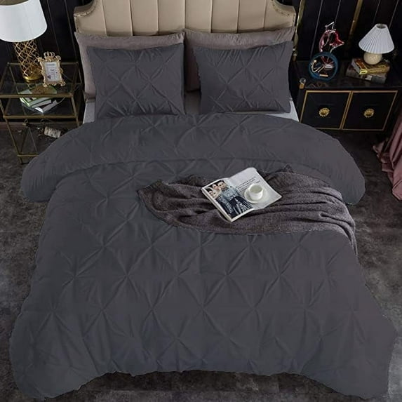 3 Piece Pinch Pleated Duvet Cover Set 100% Cotton 1000 TC with Zipper Closure & Corner Ties Pintuck Bedding Duvet Cover - Super King Size (116" x 98") Inch, Dark Grey Solid