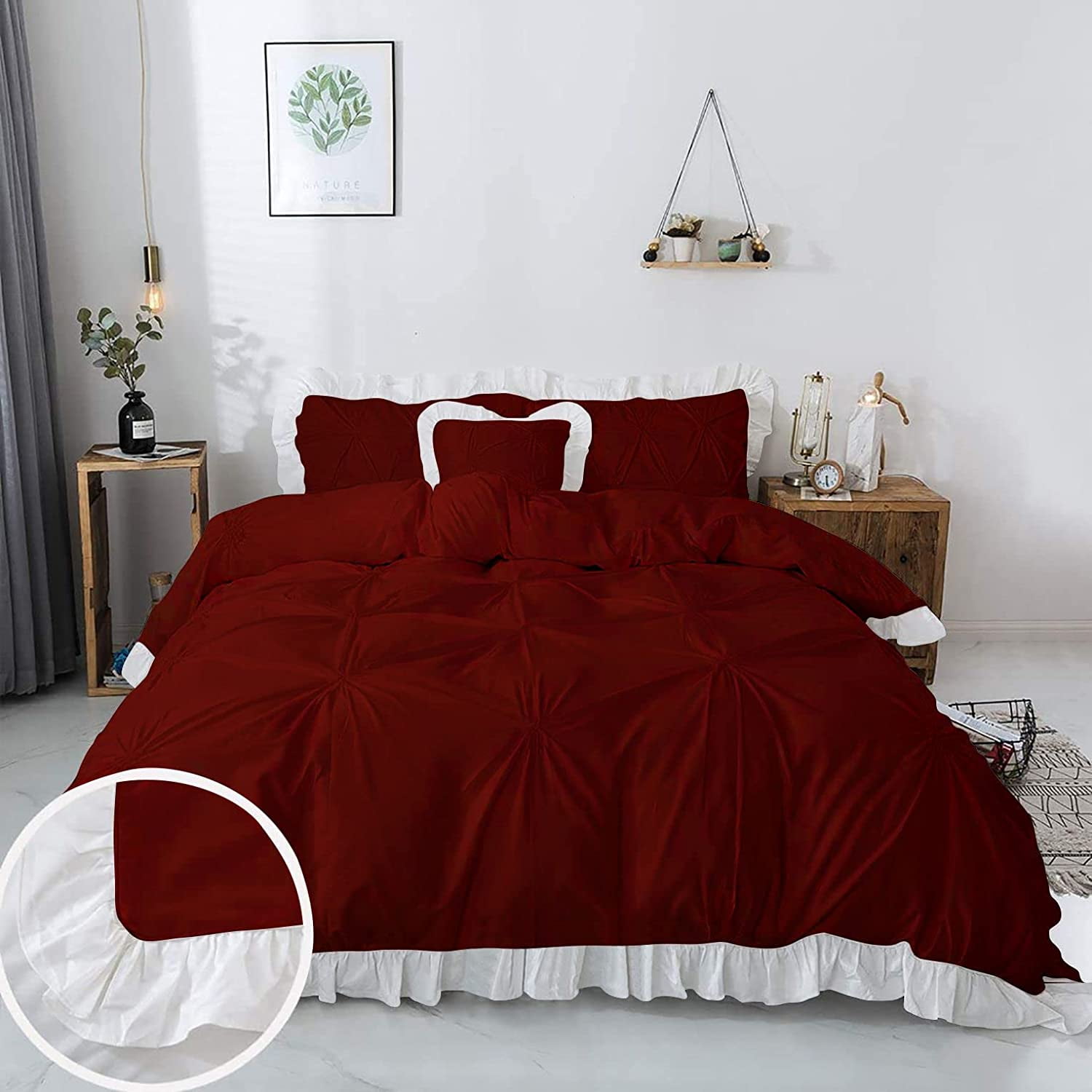 3 Piece Pinch Ruffle Duvet Cover Set, Extra Soft, Luxury,100% Egyptian Cotton, Zipper Closure and Quilts Cover Set, Cool and Breatheable Bedding Sets Burgundy and White Solid,Full Size.