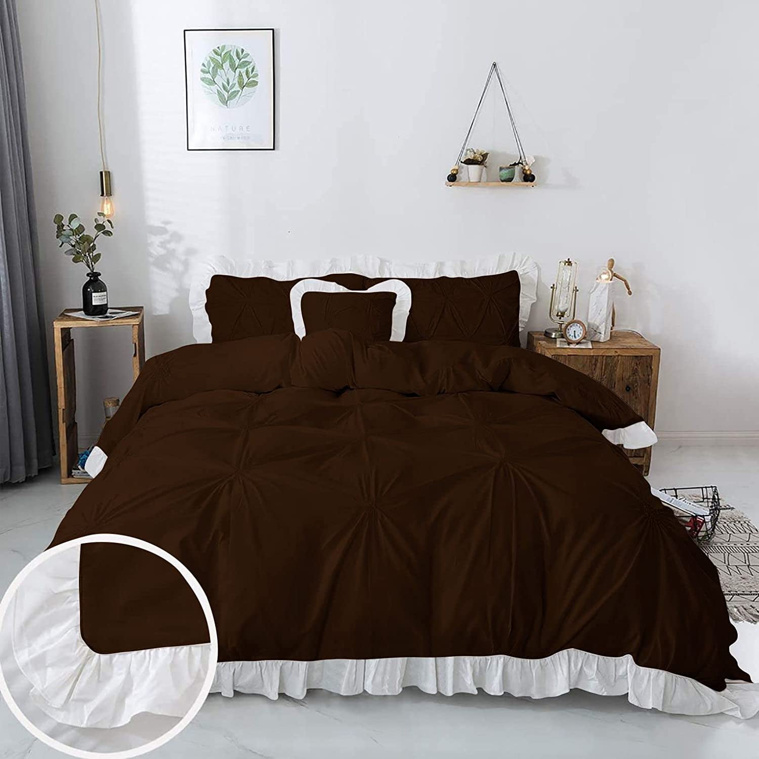 3 Piece Pinch Ruffle Duvet Cover Set, Extra Soft, Luxury,100% Egyptian Cotton, Zipper Closure and Quilts Cover Set, Cool and Breatheable Bedding Sets Chocolate and White Solid, Twin Size.