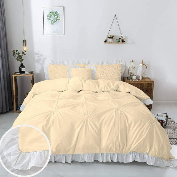 3 Piece Pinch Ruffle Duvet Cover Set, Extra Soft, Luxury,100% Egyptian Cotton, Zipper Closure and Quilts Cover Set, Cool and Breatheable Bedding Sets Ivory and White Solid,Queen Size.