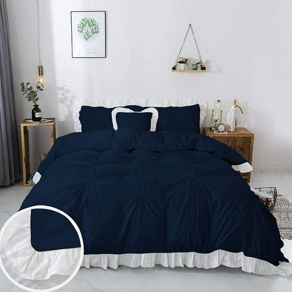 3 Piece Pinch Ruffle Duvet Cover Set, Extra Soft, Luxury,100% Egyptian Cotton, Zipper Closure and Quilts Cover Set, Cool and Breatheable Bedding Sets Navy Blue and White Solid, Twin Size.
