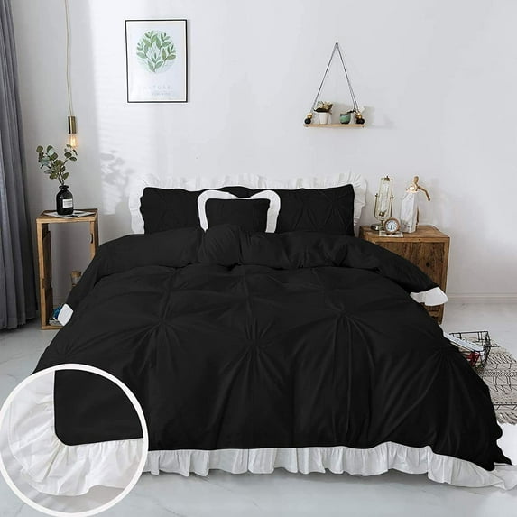 3 Piece Pinch Ruffle Duvet Cover Set, Extra Soft, Luxury,100% Egyptian Cotton, Zipper Closure and Quilts Cover Set, Cool and Breatheable Bedding Sets Black and White Solid, Over Size Queen Size.