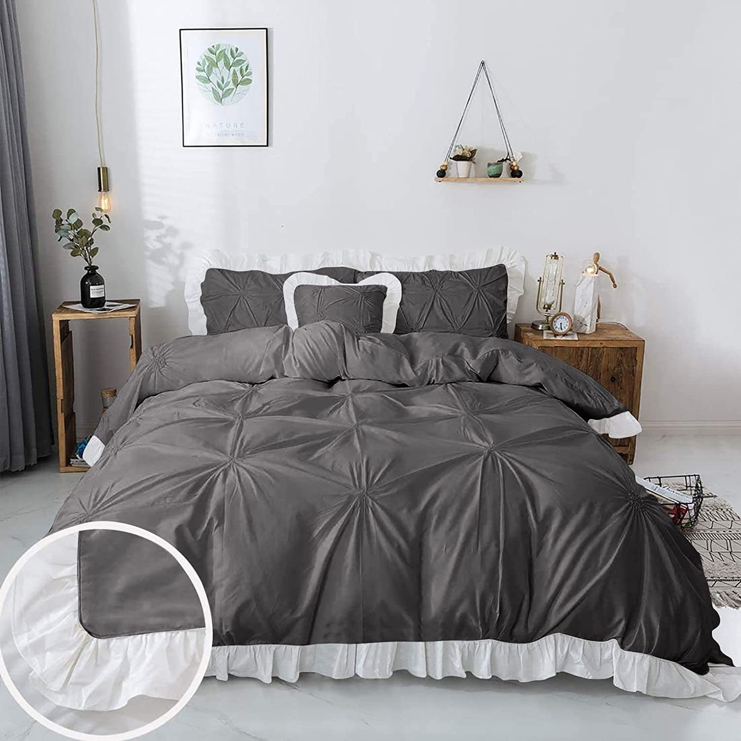 3 Piece Pinch Ruffle Duvet Cover Set, Extra Soft, Luxury,100% Egyptian Cotton, Zipper Closure and Quilts Cover Set, Cool and Breatheable Bedding Sets Dark Gray and White Solid,Full Size.