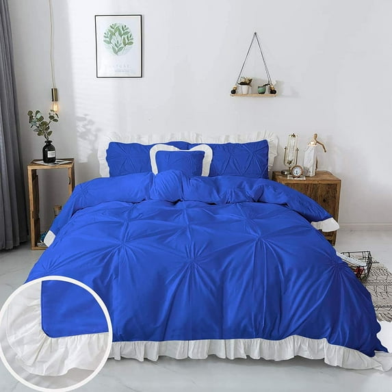 BEDDING BEGS-3 PC Pinch Ruffle Duvet Cover Set-100% Egyptian Cotton, 400 TC, Zipper Closure, Cool & Breathable-Royal Blue and White Solid, Oversized Queen Size.
