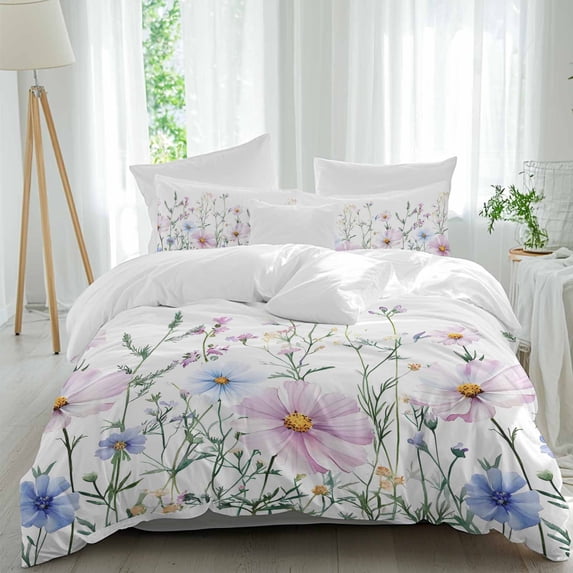 3 Piece Pink Blue Spring Floral Duvet Cover Set Twin Size,Microfiber Comforter/Quilt Cover with Corner Ties and 2 Pillowcases,Watercolor Elegant Botanical All Season Soft Bedding with Zipper Closure