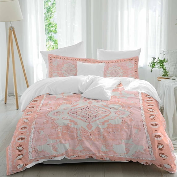 3 Piece Pink Boho Duvet Cover Set Twin Size,Microfiber Comforter/Quilt Cover with Corner Ties and 2 Pillowcases,Vintage Abstract Tribal Decorative Oriental All Season Soft Bedding with Zipper Closure