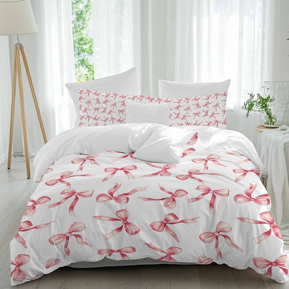 3 Piece Pink Bow Ribbon Duvet Cover Set California King, Microfiber Comforter/Quilt Cover with Corner Ties and 2 Pillowcases, Vintage Modern Art Bowknot All Season Soft Bedding with Zipper Closure