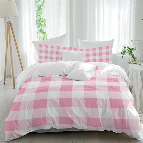 3 Piece Pink Checkered Duvet Cover Set California King, Microfiber Comforter/Quilt Cover with Corner Ties and 2 Pillowcases, Pink White Buffalo Plaid All Season Soft Bedding with Zipper Closure