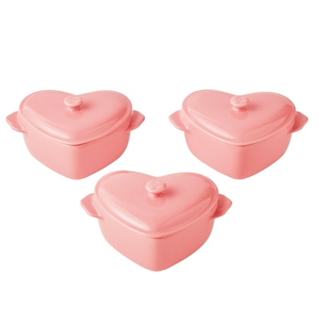 3-Piece Pink Colored Mini Hearts Ceramic Baking Dish with Lid, The Pioneer Woman 6.45"
