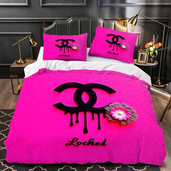 3-Piece Pink Duvet Cover Set with Black Floral ' Locked ' Cursive Design Modern Bedroom Decor Geometric Rug Accent