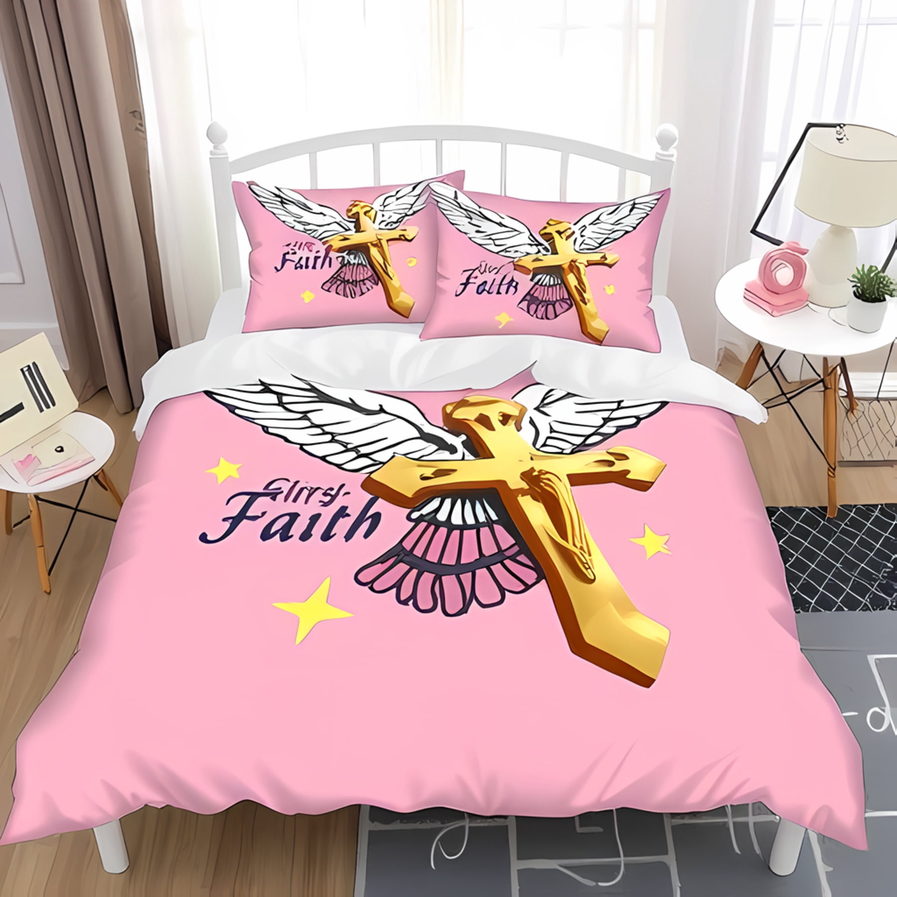 3-Piece Pink Duvet Cover Set with Golden Cross and Design Stars 