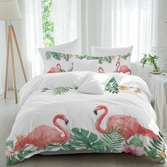 3 Piece Pink Flamingo Birds Duvet Cover Set California King,Microfiber Comforter/Quilt Cover with Corner Ties and 2 Pillowcases,Summer Tropical Plants Flowers All Season Bedding with Zipper Closure