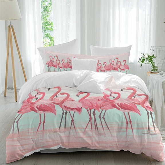 3 Piece Pink Flamingo Duvet Cover Set Full Size,Microfiber Comforter/Quilt Cover with Corner Ties and 2 Pillowcases,Summer Tropical Flamingo Hawaii Animals All Season Soft Bedding with Zipper Closure