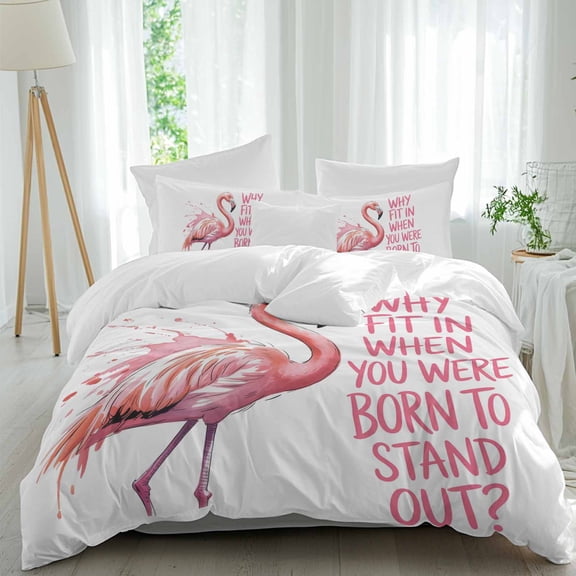 3 Piece Pink Flamingo Duvet Cover Set Queen Size, Microfiber Comforter/Quilt Cover with Corner Ties and 2 Pillowcases, Summer Animal Gradient Watercolor All Season Soft Bedding with Zipper Closure