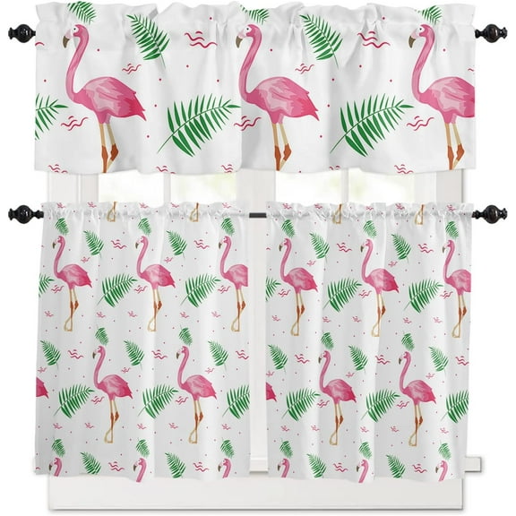 3 Piece Pink Flamingo Kitchen Curtains, Tier and Valance Rod Pocket Window Curtains Set Summer Tropical Palm Tree Cafe Curtains for Kitchen Valances Window Treatment 54X18in+27x36in×2