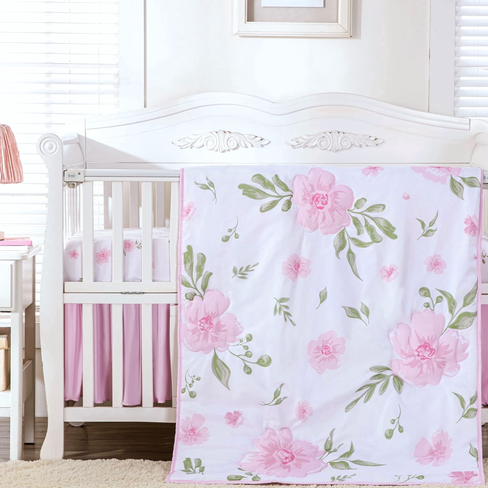 3 Piece Pink Floral Crib Bedding Set for Baby Girls, Soft Polyester Nursery Bedding with Comforter, Fitted Sheet & Crib Skirt, Fits Standard Crib Mattress, Machine Washable